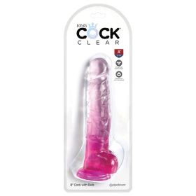 King Cock Clear with Balls-Pink 8"